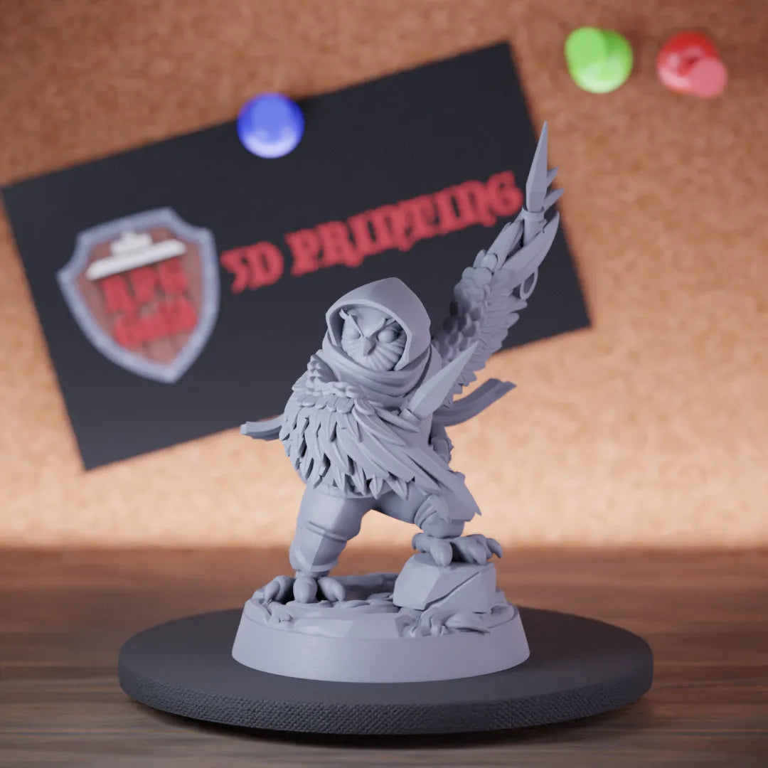 Highly detailed rogue owlin avian thief miniature of Owlfolk, perfect for DnD 5e encounters, fantasy tabletop RPG campaigns, painting and display.