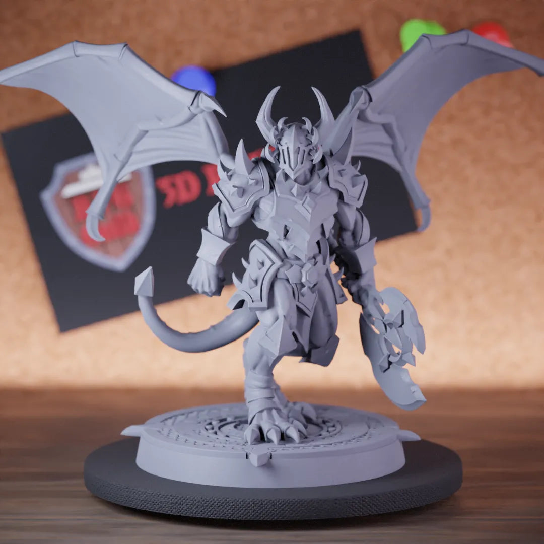 Highly detailed demon winged armored battleaxe miniature of Patrolling, perfect for DnD 5e encounters, fantasy tabletop RPG campaigns, painting and display.