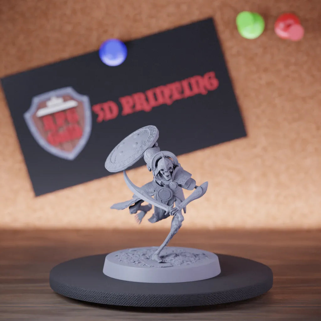 Highly detailed skeleton persian scimitar shield miniature of PersianSkeleton, perfect for DnD 5e encounters, fantasy tabletop RPG campaigns, painting and display.