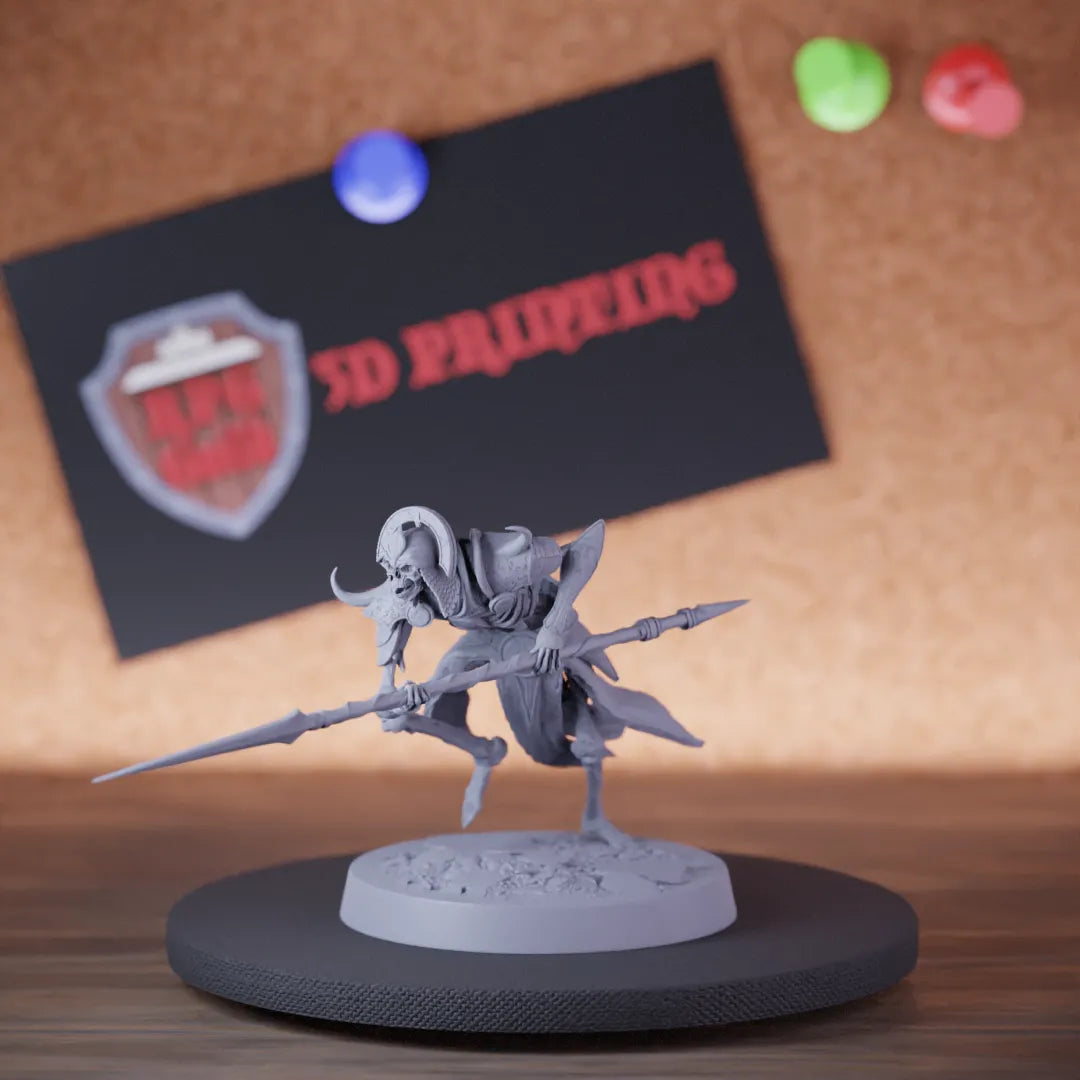 Highly detailed skeleton persian spear miniature of PersianSkeleton, perfect for DnD 5e encounters, fantasy tabletop RPG campaigns, painting and display.