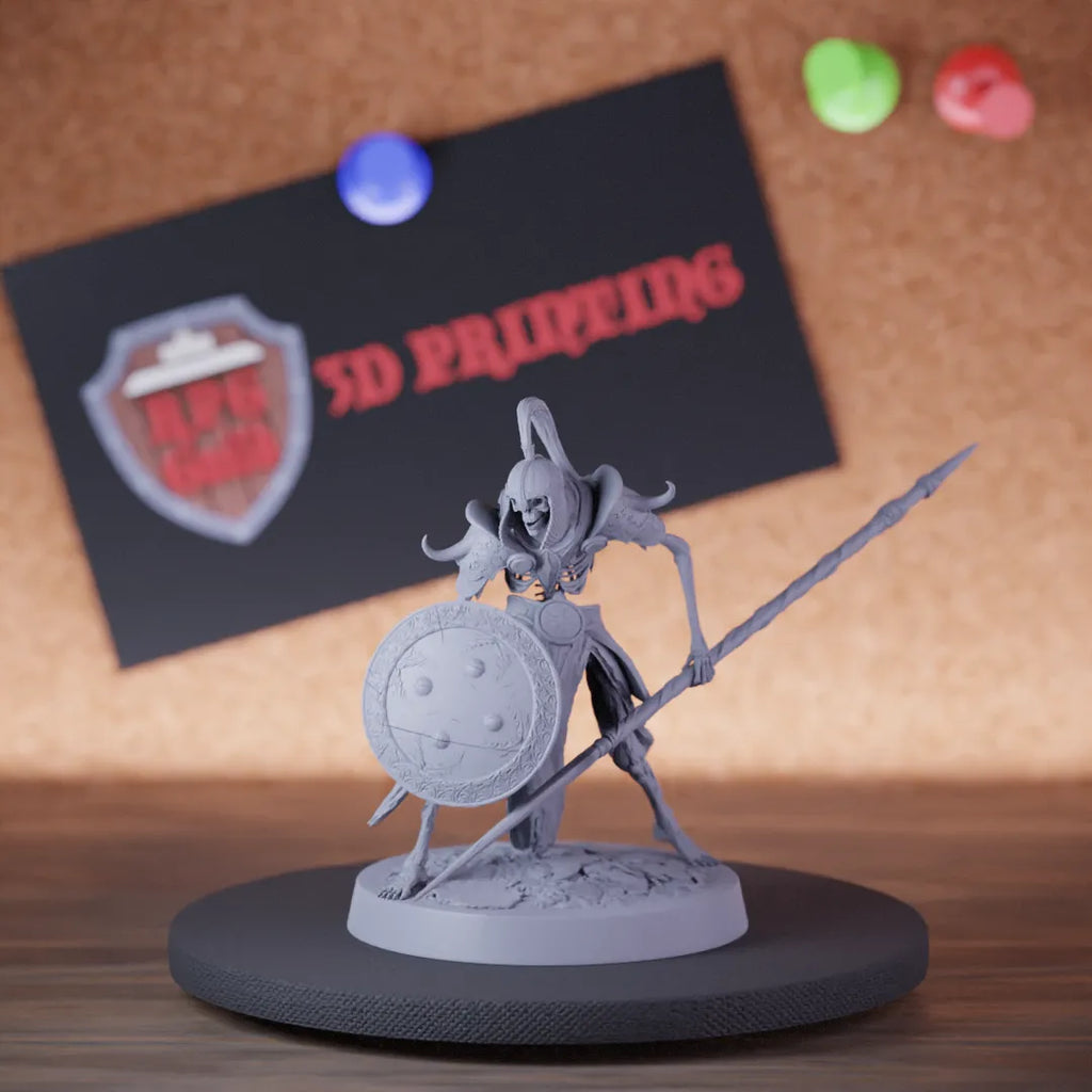 Highly detailed skeleton persian spear shield guard miniature of PersianSkeleton, perfect for DnD 5e encounters, fantasy tabletop RPG campaigns, painting and display.