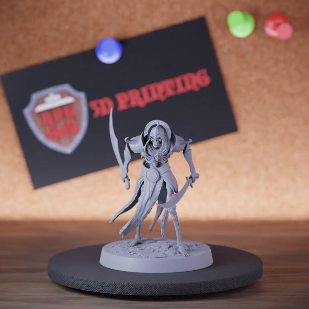 Highly detailed skeleton persian double scimitar stare miniature of PersianSkeleton, perfect for DnD 5e encounters, fantasy tabletop RPG campaigns, painting and display.