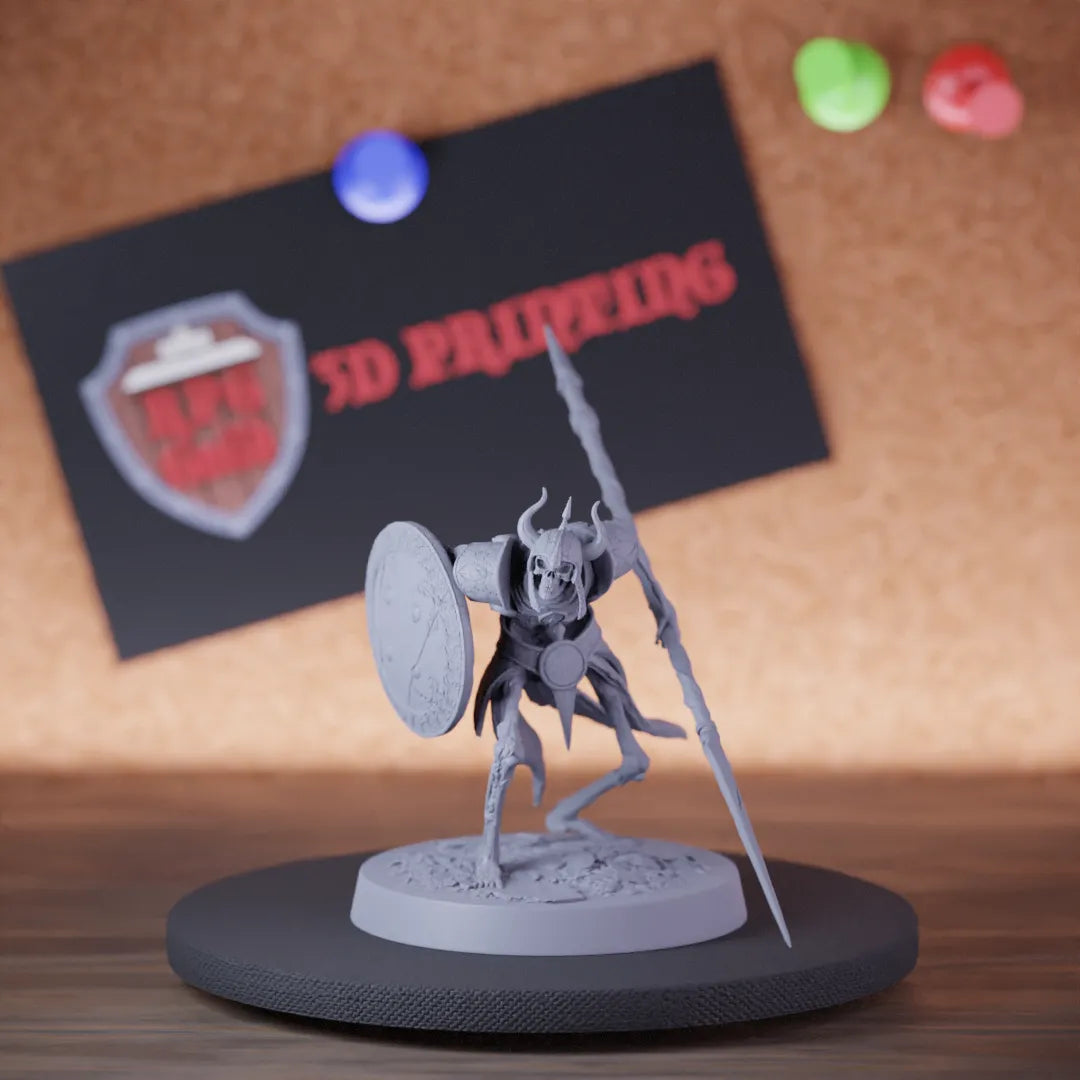 Highly detailed skeleton persian spear shield stare miniature of PersianSkeleton, perfect for DnD 5e encounters, fantasy tabletop RPG campaigns, painting and display.