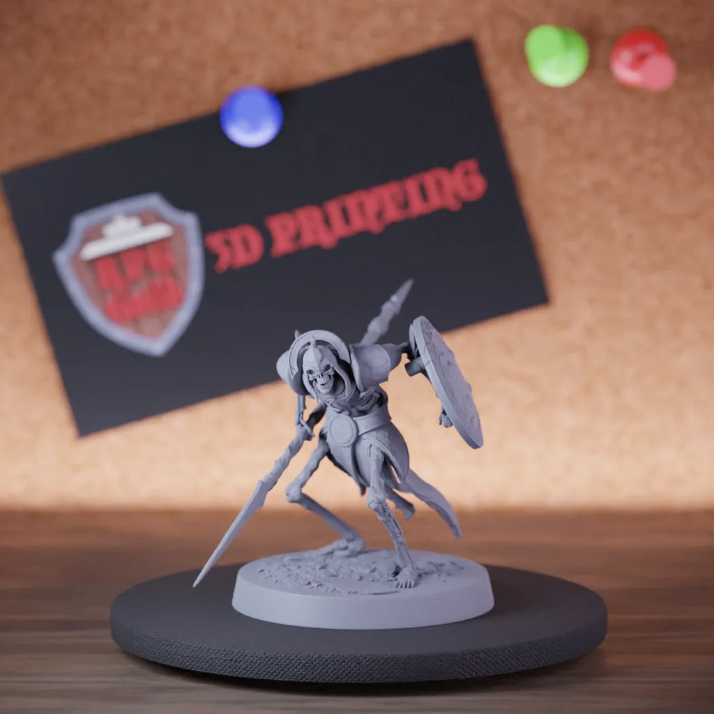 Highly detailed skeleton persian spear shield armour miniature of PersianSkeleton, perfect for DnD 5e encounters, fantasy tabletop RPG campaigns, painting and display.