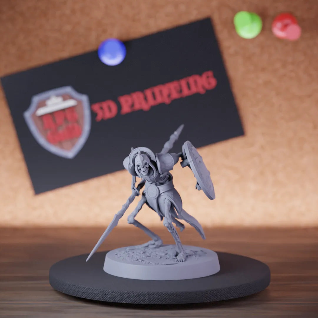 Highly detailed skeleton persian spear shield armour miniature of PersianSkeleton, perfect for DnD 5e encounters, fantasy tabletop RPG campaigns, painting and display.