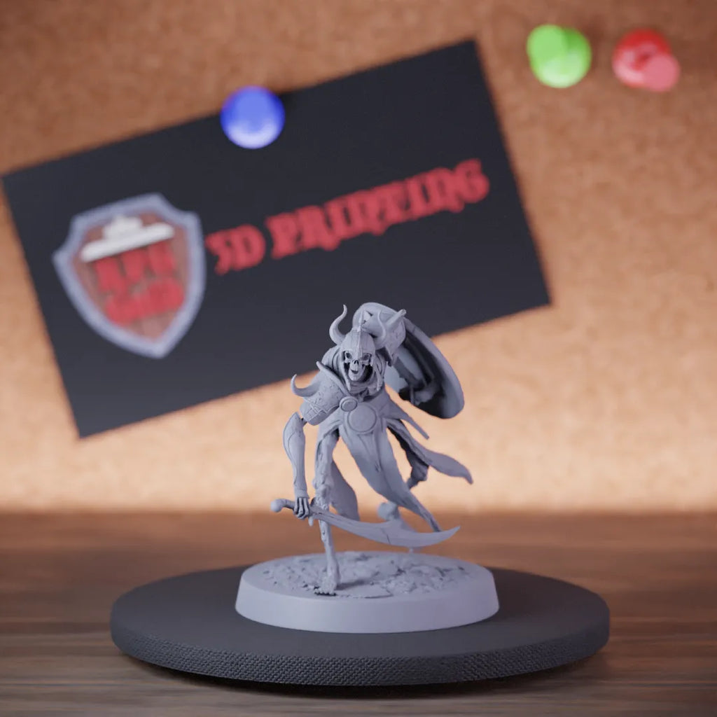 Highly detailed skeleton persian sword shield miniature of PersianSkeleton, perfect for DnD 5e encounters, fantasy tabletop RPG campaigns, painting and display.