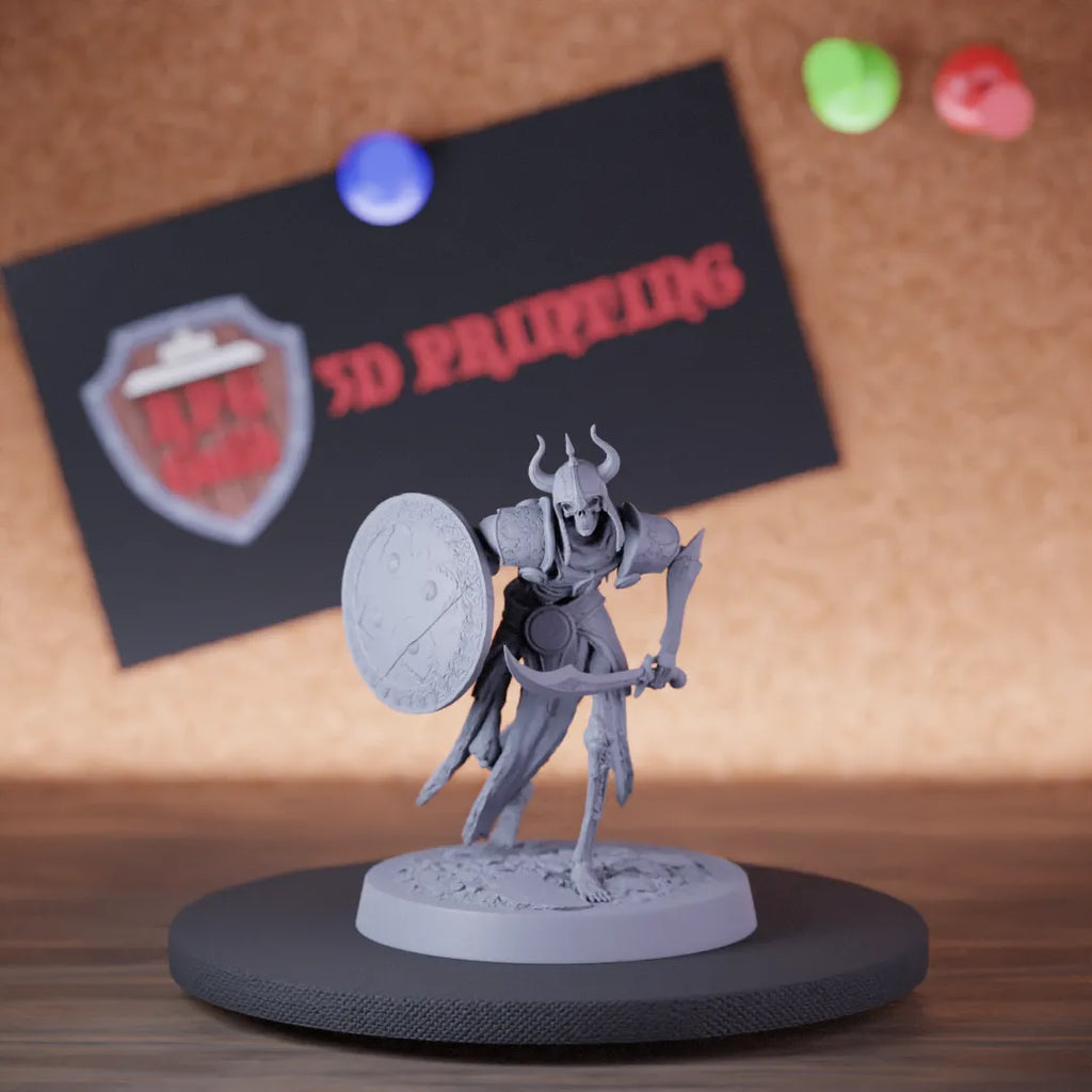 Highly detailed skeleton persian sword shield forward miniature of PersianSkeleton, perfect for DnD 5e encounters, fantasy tabletop RPG campaigns, painting and display.