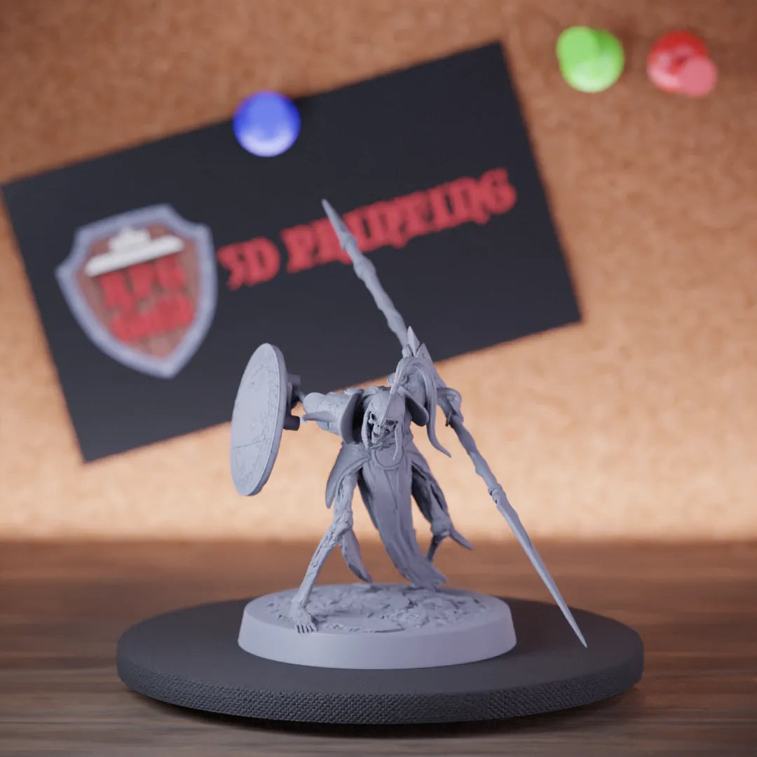 Highly detailed skeleton persian spear shield yell miniature of PersianSkeleton, perfect for DnD 5e encounters, fantasy tabletop RPG campaigns, painting and display.