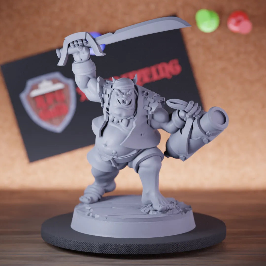 Highly detailed pirate orc cannoneer corsair miniature of Pirate, perfect for DnD 5e encounters, fantasy tabletop RPG campaigns, painting and display.