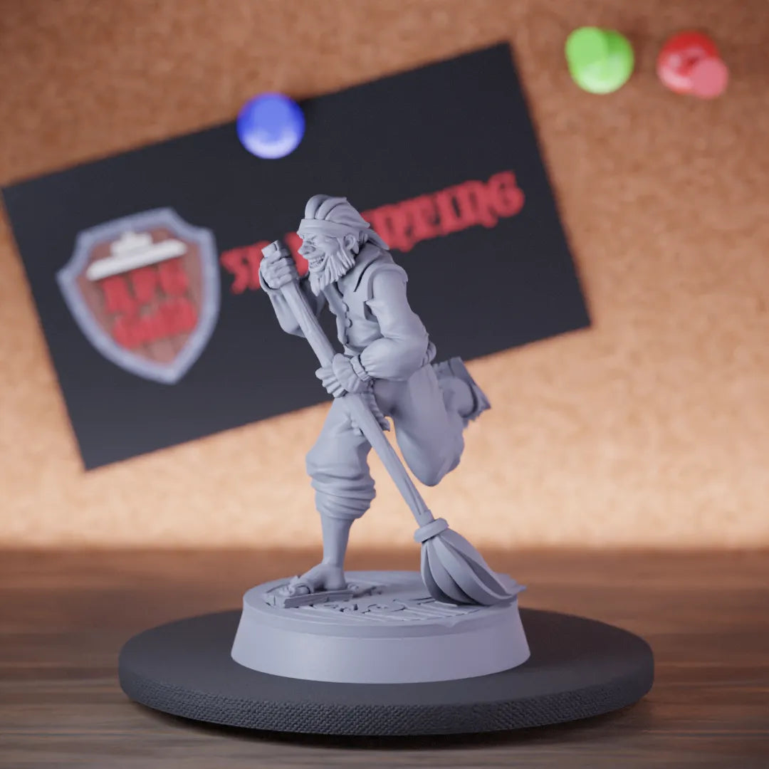 Highly detailed pirate sailor floor scrubber miniature of Pirate, perfect for DnD 5e encounters, fantasy tabletop RPG campaigns, painting and display.