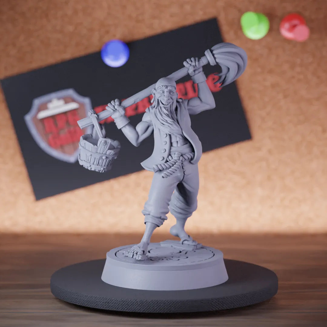 Highly detailed pirate human floor scrubber npc miniature of Pirate, perfect for DnD 5e encounters, fantasy tabletop RPG campaigns, painting and display.