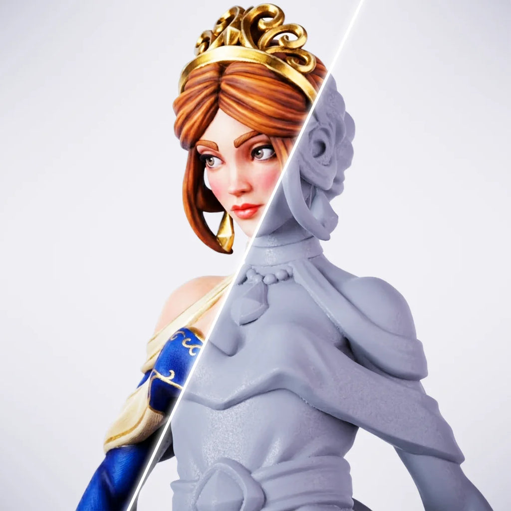 Princess – painted/unpainted split view of a noble female miniature with auburn hair styled in an updo with a gold tiara, wearing a blue gown and holding a sword