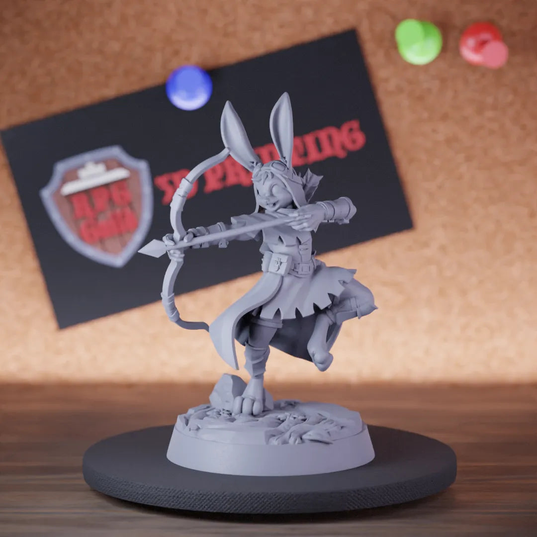 Highly detailed female ranger harengon rabbit archer miniature of Rabbitfolk, perfect for DnD 5e encounters, fantasy tabletop RPG campaigns, painting and display.