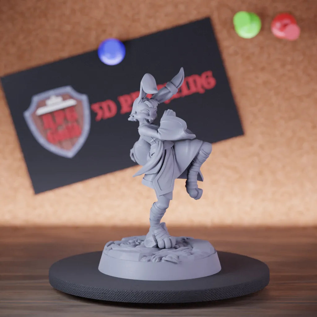 Highly detailed female monk warrior harengon rabbit miniature of Rabbitfolk, perfect for DnD 5e encounters, fantasy tabletop RPG campaigns, painting and display.