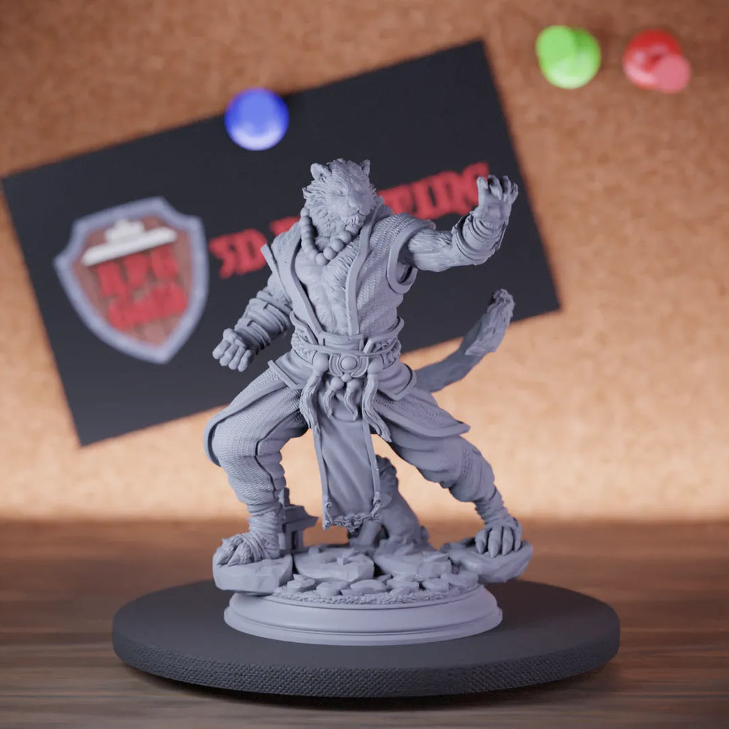 Highly detailed male monk tabaxi humanoid miniature of Raiko, perfect for DnD 5e encounters, fantasy tabletop RPG campaigns, painting and display.