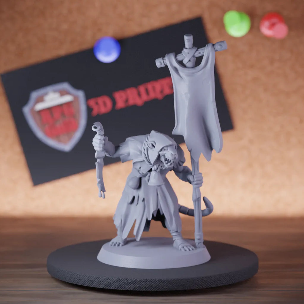 Highly detailed shaman ratmen cultist miniature, perfect for DnD 5e encounters, fantasy tabletop RPG campaigns, painting and display.