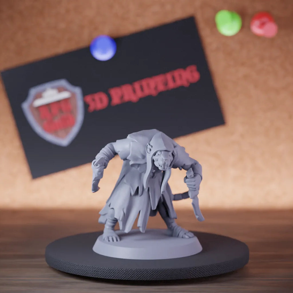 Highly detailed ratmen bandit cultist miniature, perfect for DnD 5e encounters, fantasy tabletop RPG campaigns, painting and display.
