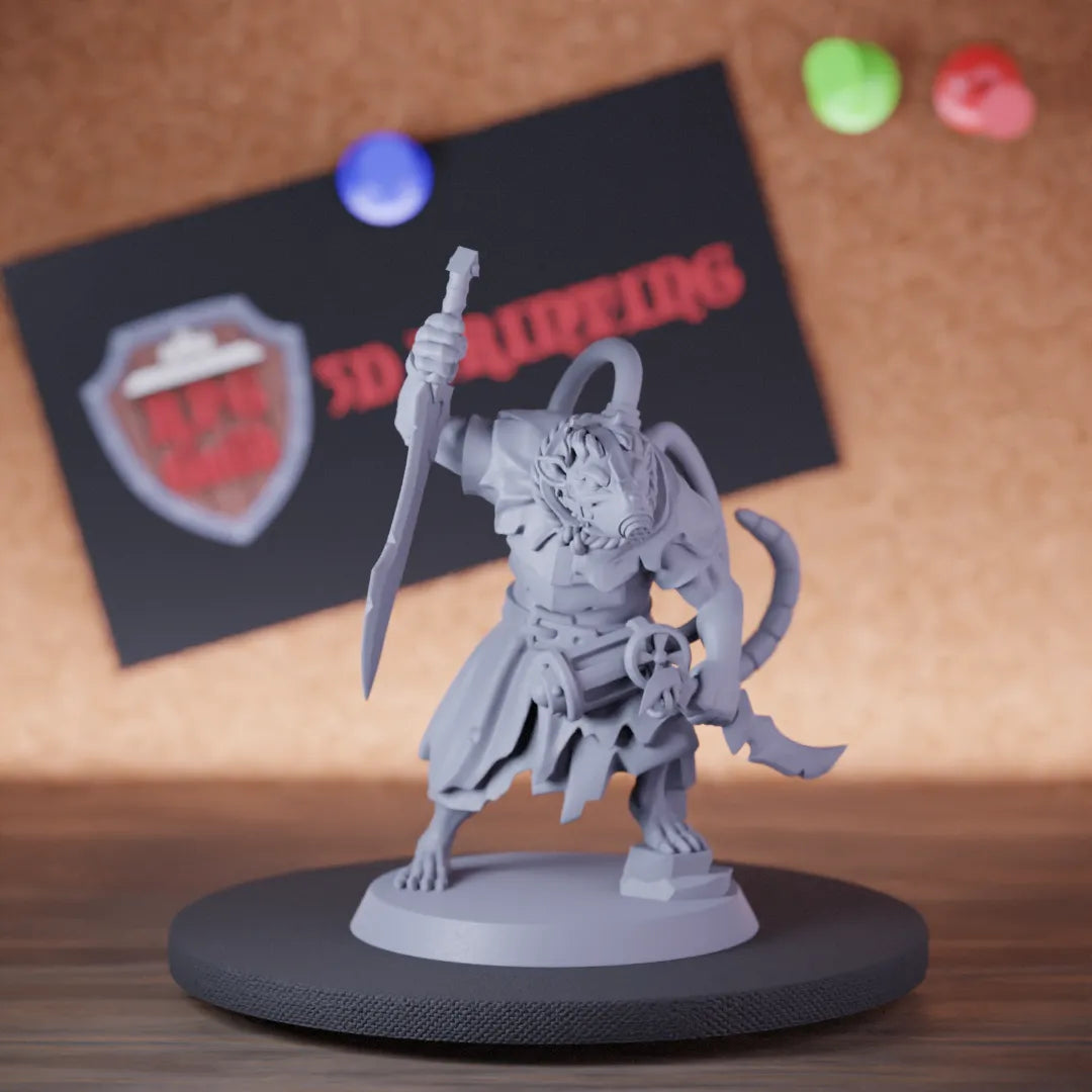Highly detailed rogue toxic ratmen miniature, perfect for DnD 5e encounters, fantasy tabletop RPG campaigns, painting and display.