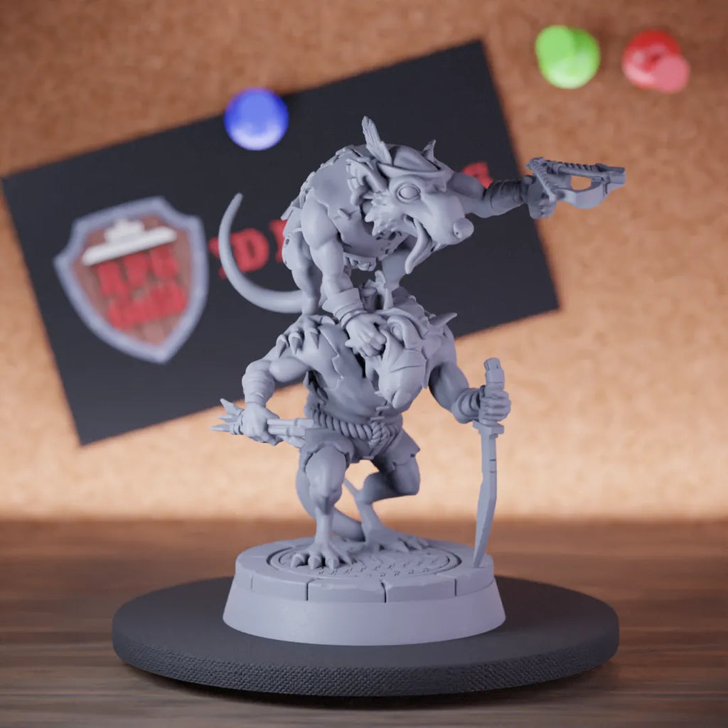 Highly detailed duo ratmen warriors crossbow dagger miniature of Rat, perfect for DnD 5e encounters, fantasy tabletop RPG campaigns, painting and display.