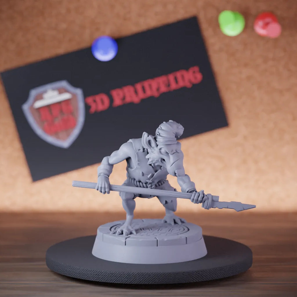 Highly detailed scout warrior ratmen spear miniature of Rat, perfect for DnD 5e encounters, fantasy tabletop RPG campaigns, painting and display.