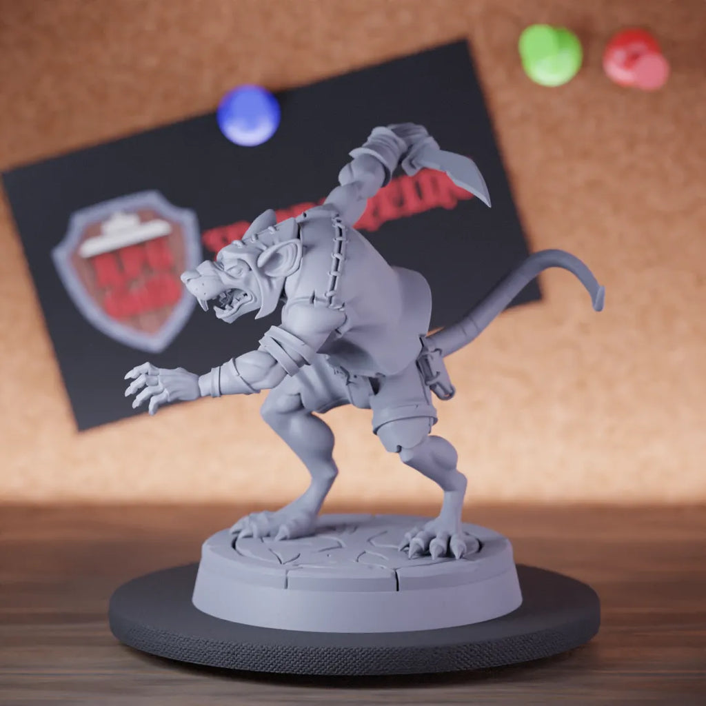 Highly detailed ratmen dagger slash miniature of Ratfolk, perfect for DnD 5e encounters, fantasy tabletop RPG campaigns, painting and display.