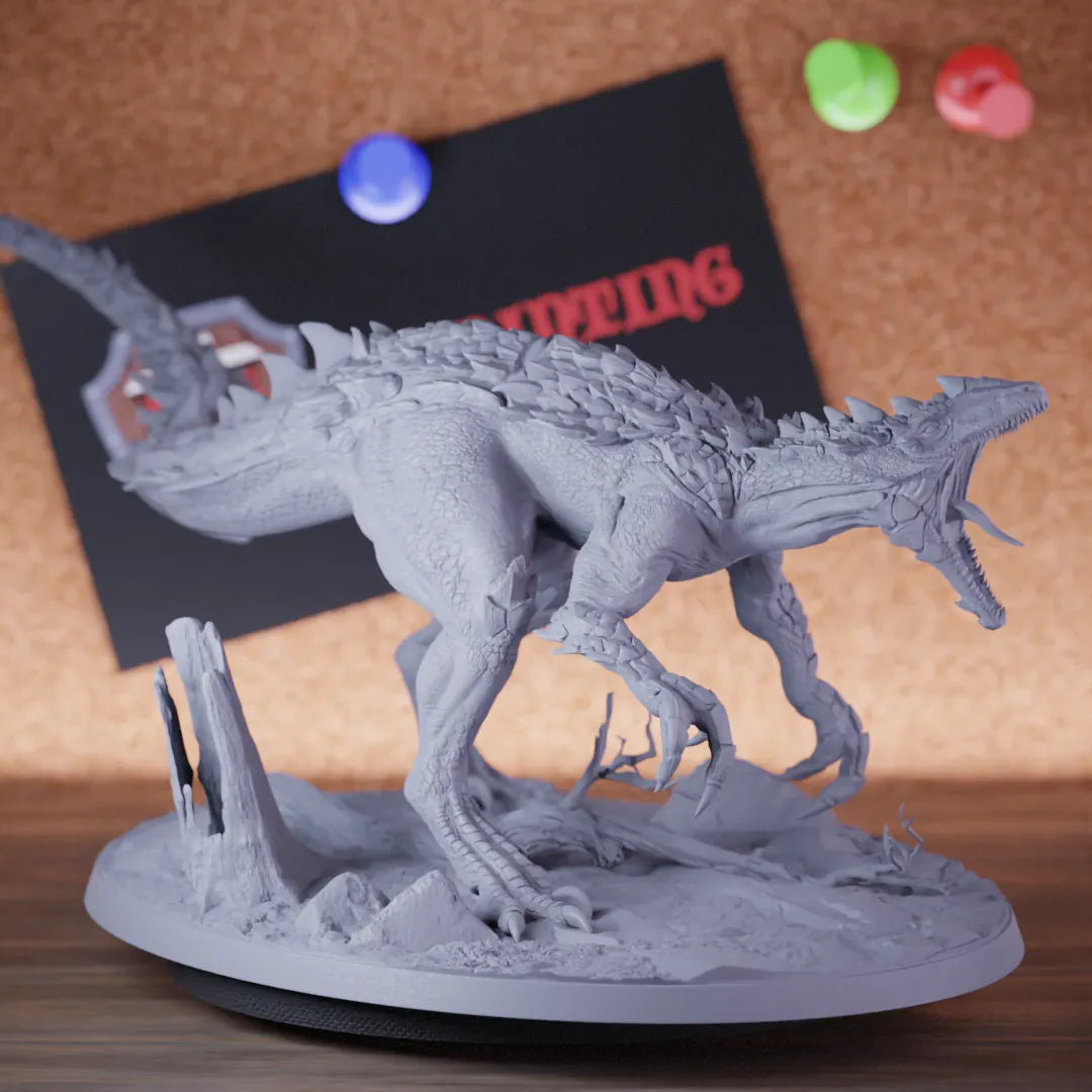 Highly detailed giant ancient dinosaur lizard roar miniature of Razoraptor, perfect for DnD 5e encounters, fantasy tabletop RPG campaigns, painting and display.