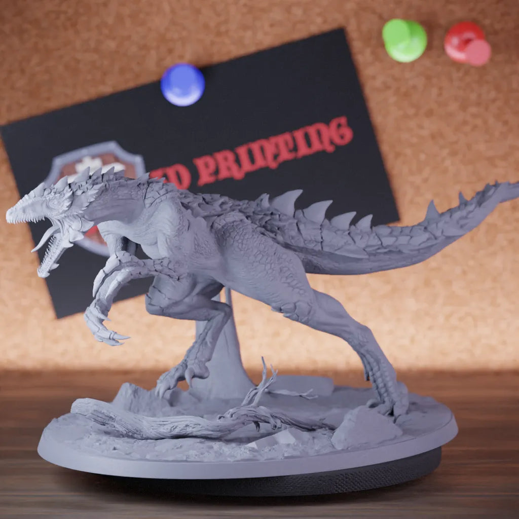 Highly detailed giant ancient dinosaur lizard miniature of Razoraptor, perfect for DnD 5e encounters, fantasy tabletop RPG campaigns, painting and display.