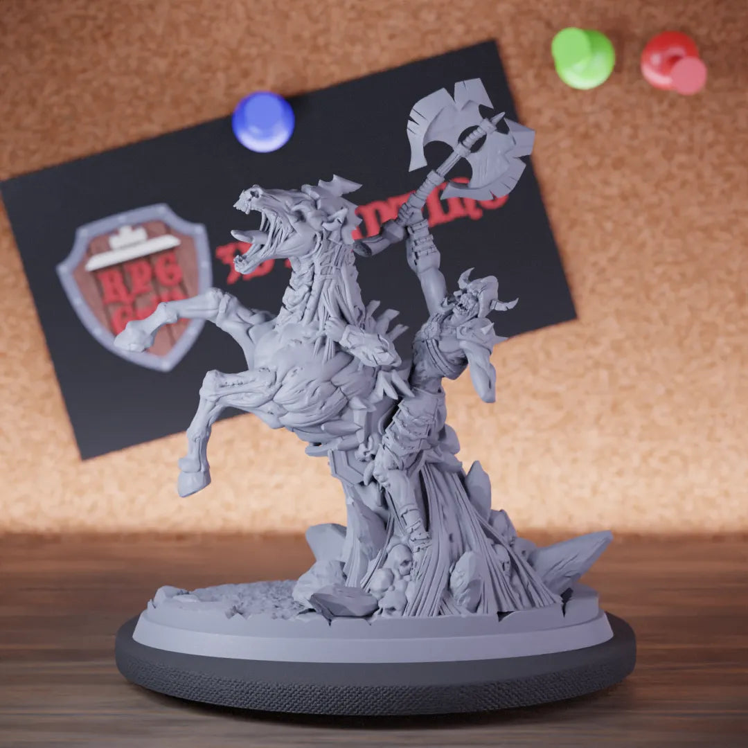 Highly detailed undead rider cavalier reanimated miniature of Reanimated, perfect for DnD 5e encounters, fantasy tabletop RPG campaigns, painting and display.