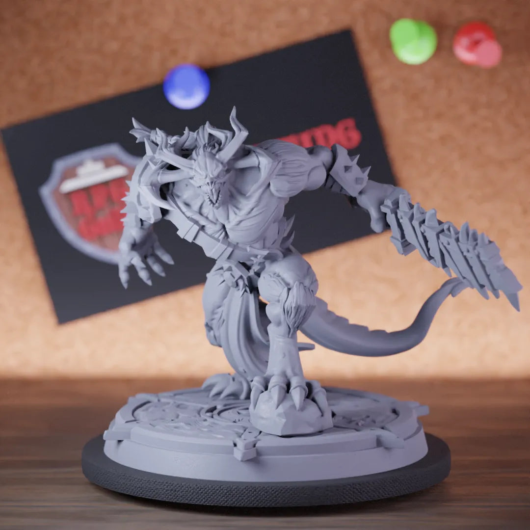Highly detailed demon cleaver hellish spawn miniature of Roaring, perfect for DnD 5e encounters, fantasy tabletop RPG campaigns, painting and display.