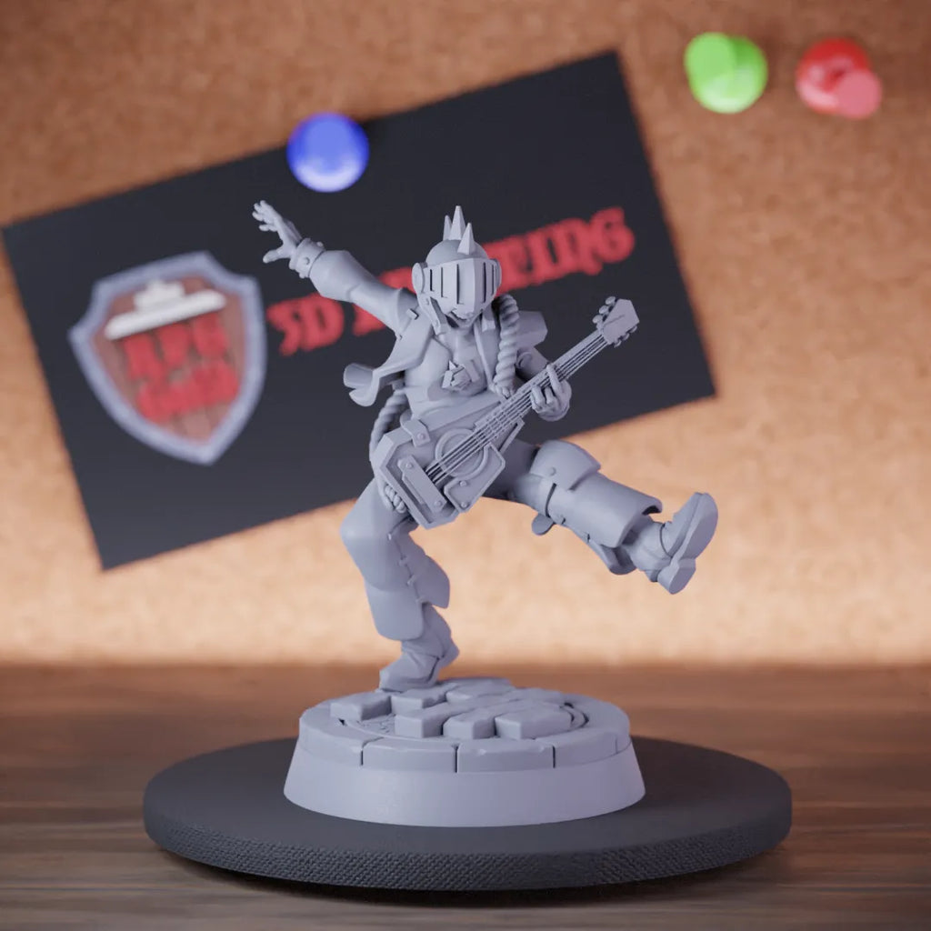 Highly detailed bard college swords armored guitar miniature of Rocking, perfect for DnD 5e encounters, fantasy tabletop RPG campaigns, painting and display.