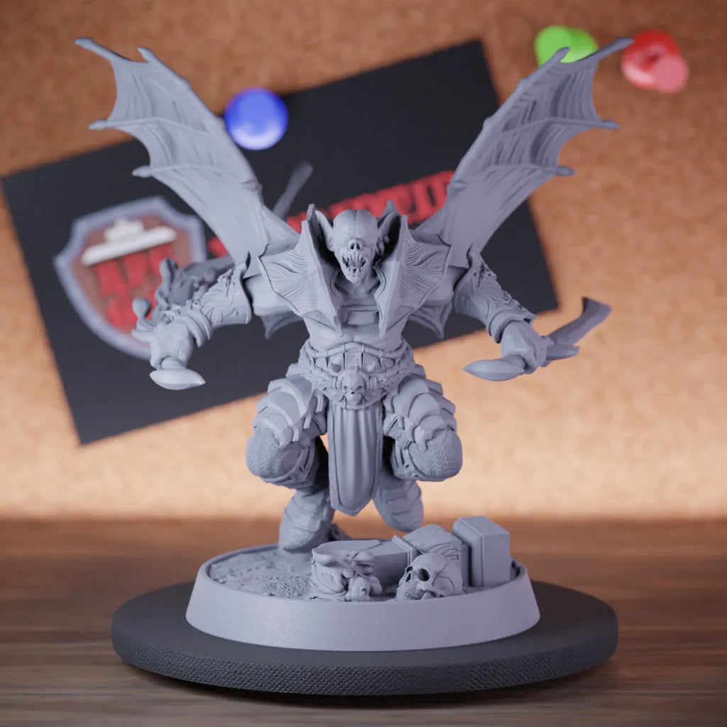 Highly detailed vampire winged undead sword miniature of Sablus, perfect for DnD 5e encounters, fantasy tabletop RPG campaigns, painting and display.
