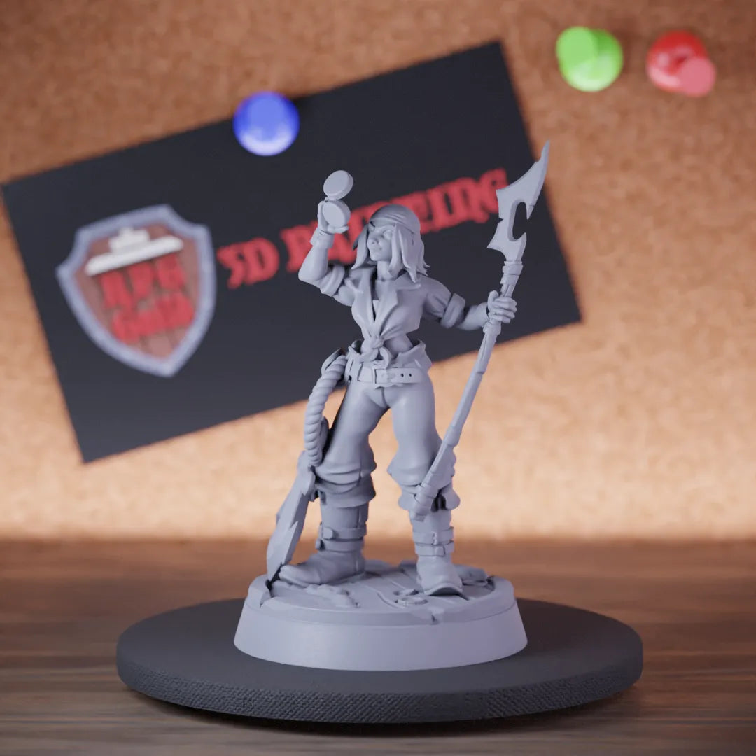 Highly detailed female pirate human fisher miniature of Sailor, perfect for DnD 5e encounters, fantasy tabletop RPG campaigns, painting and display.