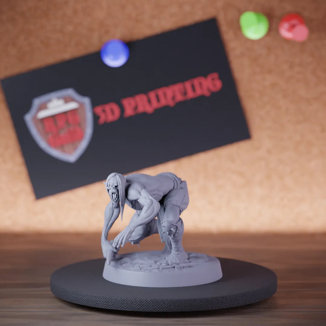 Highly detailed zombie lesser savage ghoul crawl miniature of SavageGhoul, perfect for DnD 5e encounters, fantasy tabletop RPG campaigns, painting and display.