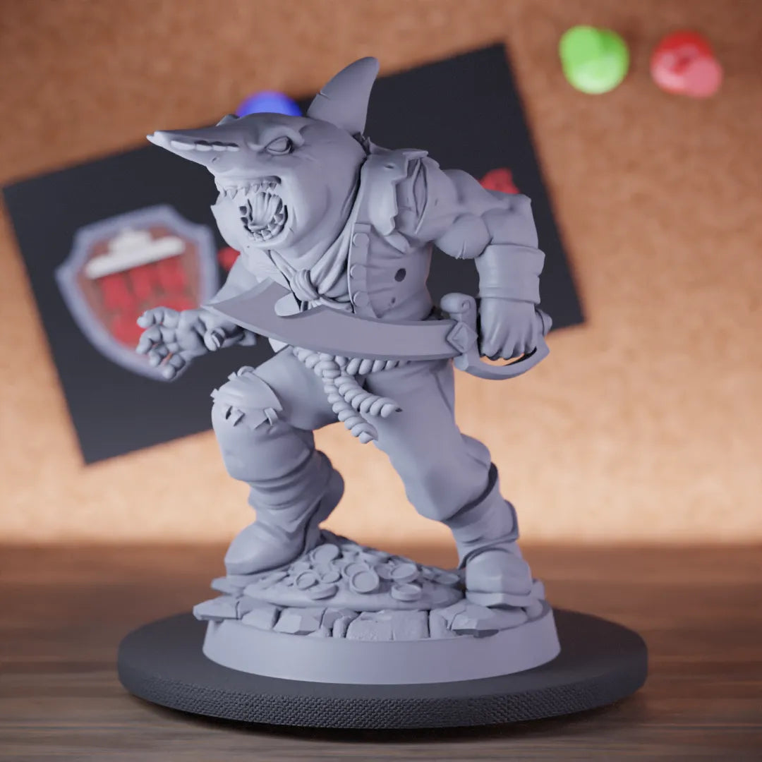 Highly detailed pirate sharkfolk legendary corsair miniature of Saw, perfect for DnD 5e encounters, fantasy tabletop RPG campaigns, painting and display.