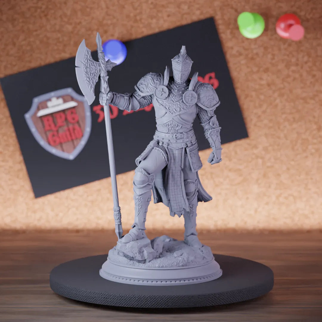 Highly detailed fighter paladin knight axe miniature of Ser, perfect for DnD 5e encounters, fantasy tabletop RPG campaigns, painting and display.