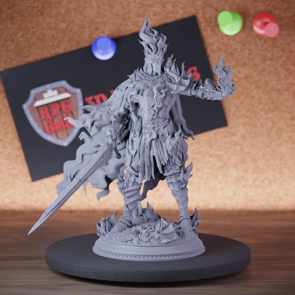 Highly detailed paladin flame knight miniature of Ser, perfect for DnD 5e encounters, fantasy tabletop RPG campaigns, painting and display.