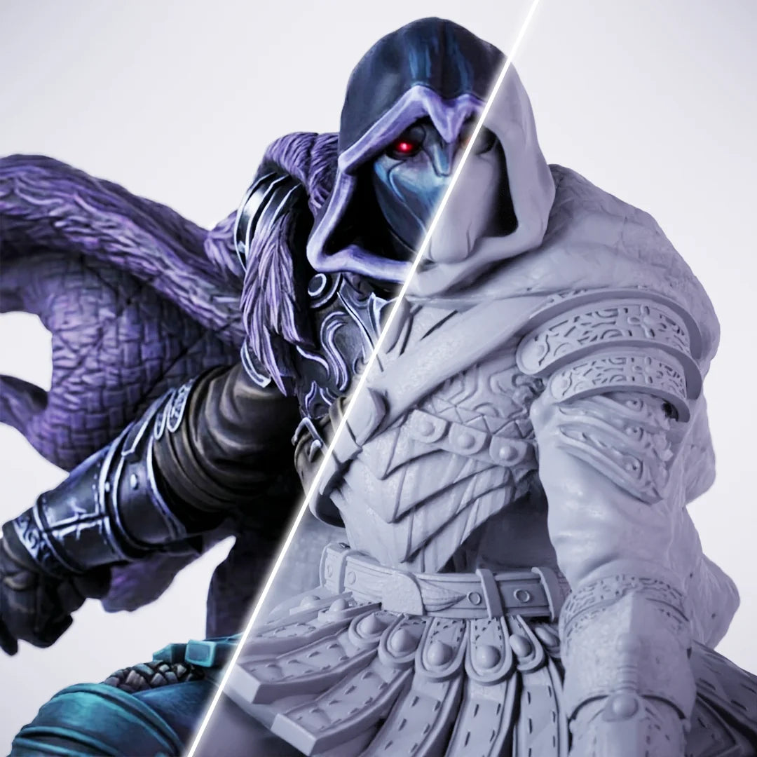 Serran – painted/unpainted split view of a cloaked dark figure miniature with a raven-skull mask, glowing red eye, deep purple feathered cape, and a serpentine tentacle weapon