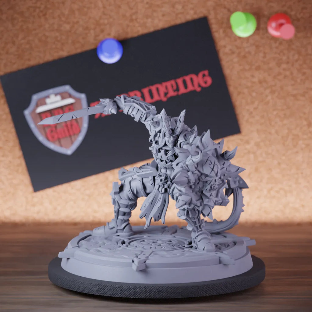 Highly detailed fighter tiefling high elite level miniature of Seth, perfect for DnD 5e encounters, fantasy tabletop RPG campaigns, painting and display.