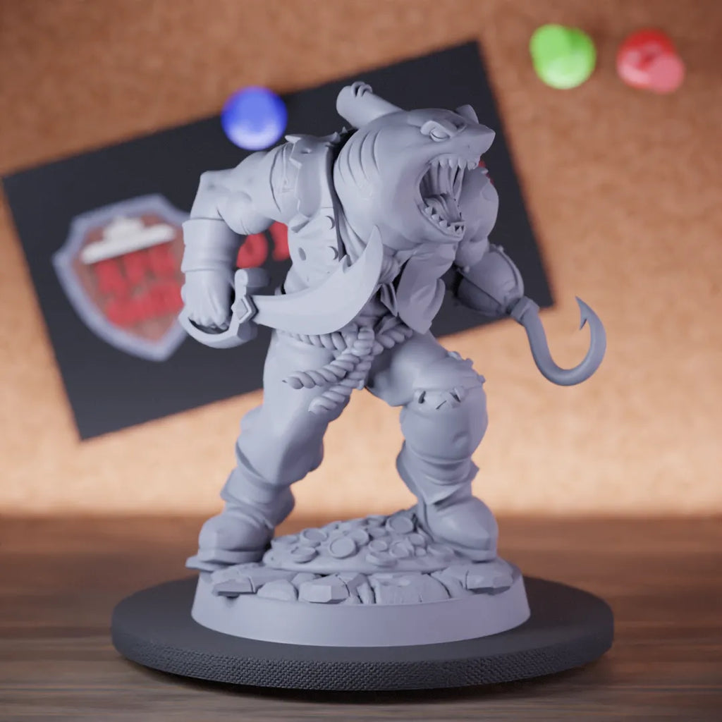 Highly detailed pirate sharkfolk hook corsair miniature of Sharkfolk, perfect for DnD 5e encounters, fantasy tabletop RPG campaigns, painting and display.