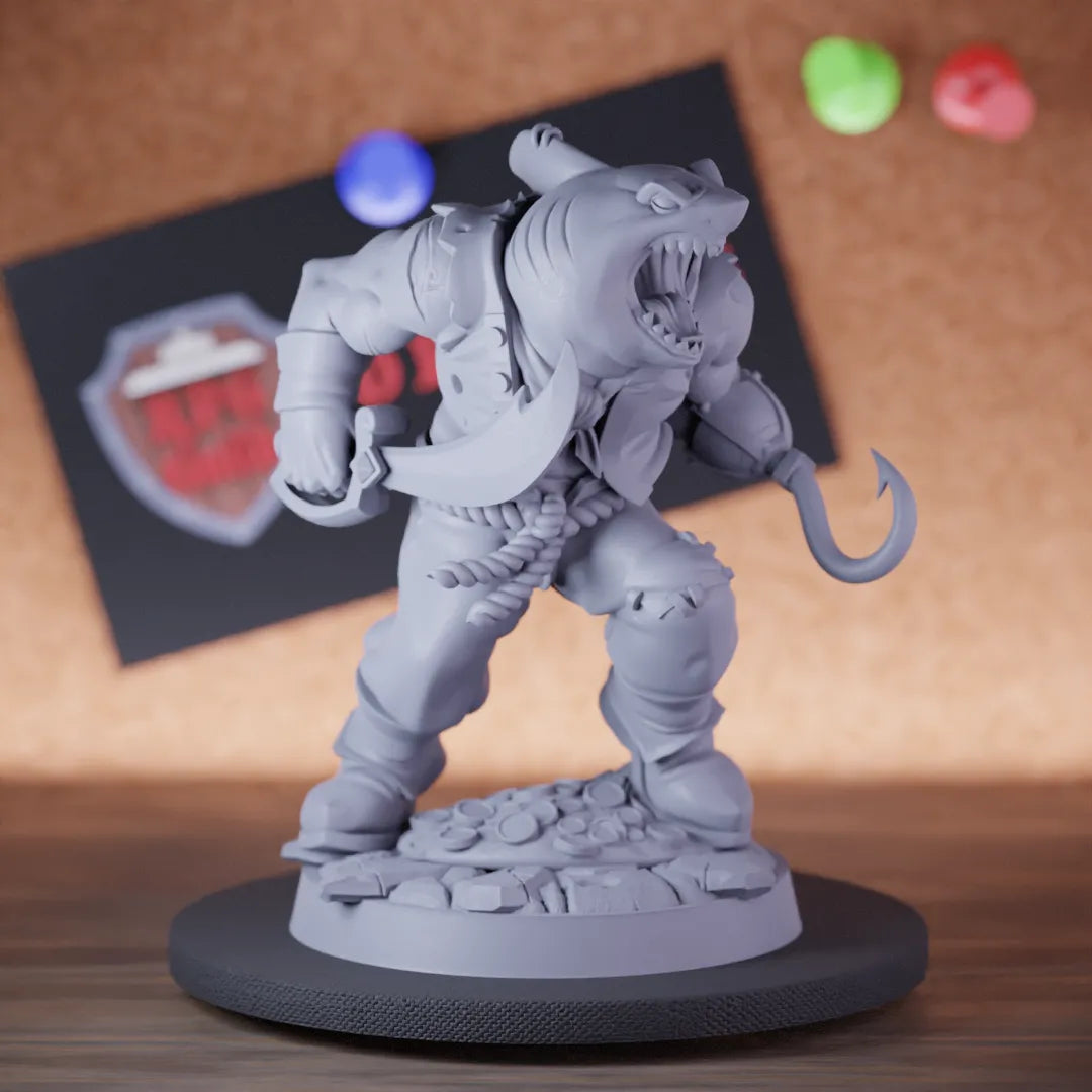 Highly detailed pirate sharkfolk hook corsair miniature of Sharkfolk, perfect for DnD 5e encounters, fantasy tabletop RPG campaigns, painting and display.