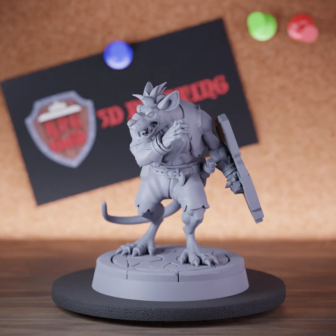 Highly detailed ratmen warrior shield dagger miniature of Shield, perfect for DnD 5e encounters, fantasy tabletop RPG campaigns, painting and display.