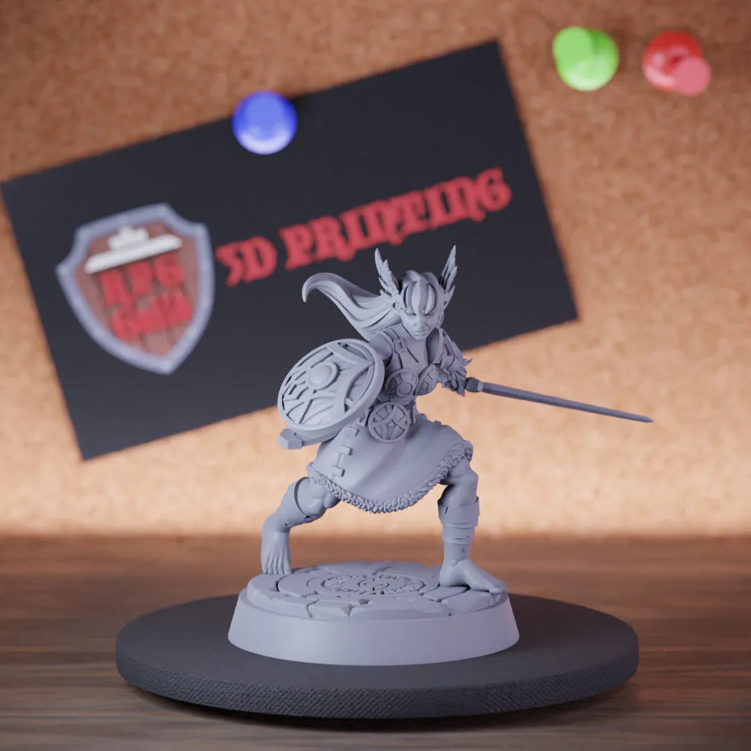 Highly detailed shield valkyrie sword master miniature of Shield, perfect for DnD 5e encounters, fantasy tabletop RPG campaigns, painting and display.