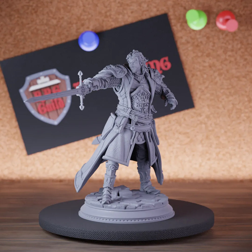 Highly detailed fighter lesser noble knight axe miniature of Sir, perfect for DnD 5e encounters, fantasy tabletop RPG campaigns, painting and display.