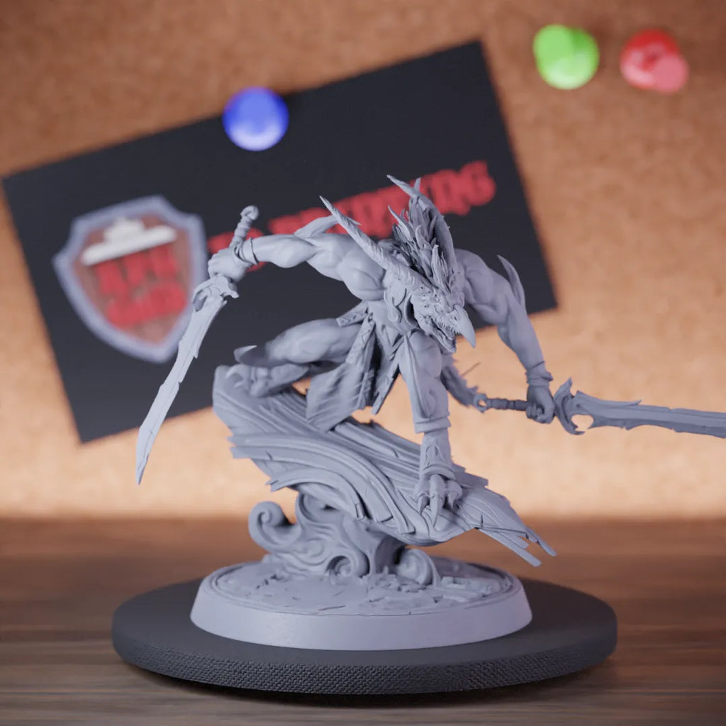 Highly detailed demon infantry double sword leap miniature of Skorath, perfect for DnD 5e encounters, fantasy tabletop RPG campaigns, painting and display.