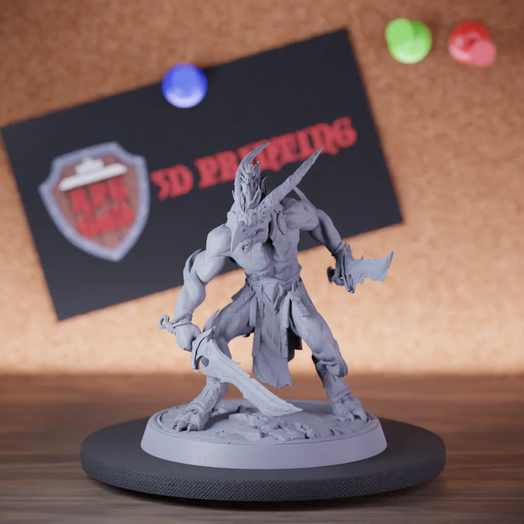 Highly detailed demon lesser infantry double sword miniature of Skorath, perfect for DnD 5e encounters, fantasy tabletop RPG campaigns, painting and display.