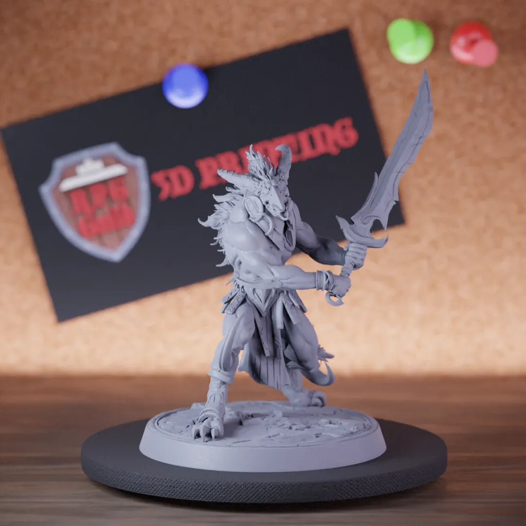 Highly detailed demon lesser infantry horned longsword miniature of Skorath, perfect for DnD 5e encounters, fantasy tabletop RPG campaigns, painting and display.