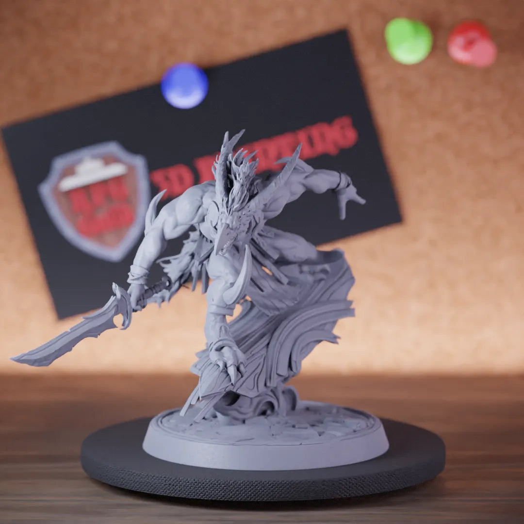 Highly detailed demon infantry sword sliding miniature of Skorath, perfect for DnD 5e encounters, fantasy tabletop RPG campaigns, painting and display.