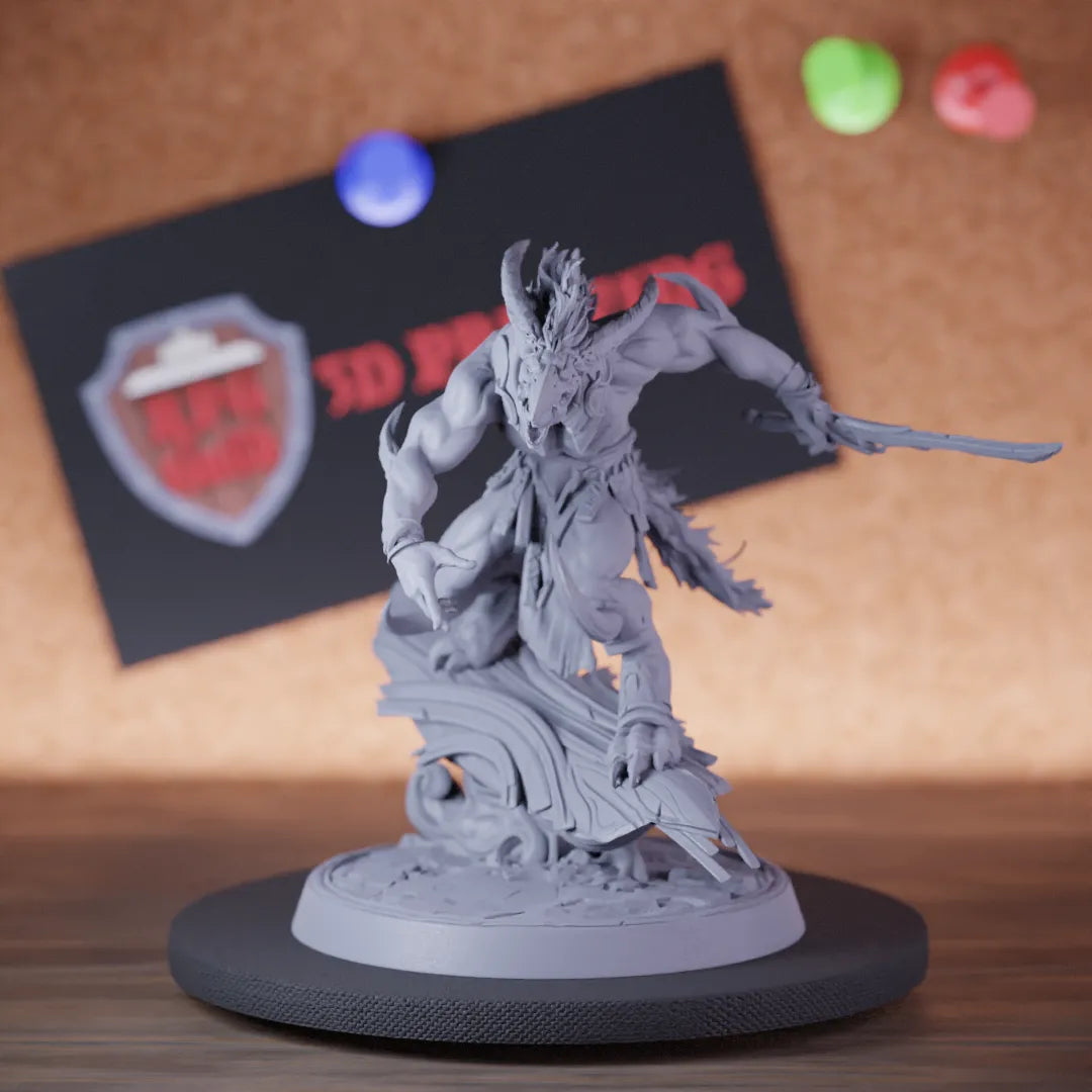 Highly detailed demon infantry shield sword leap miniature of Skorath, perfect for DnD 5e encounters, fantasy tabletop RPG campaigns, painting and display.