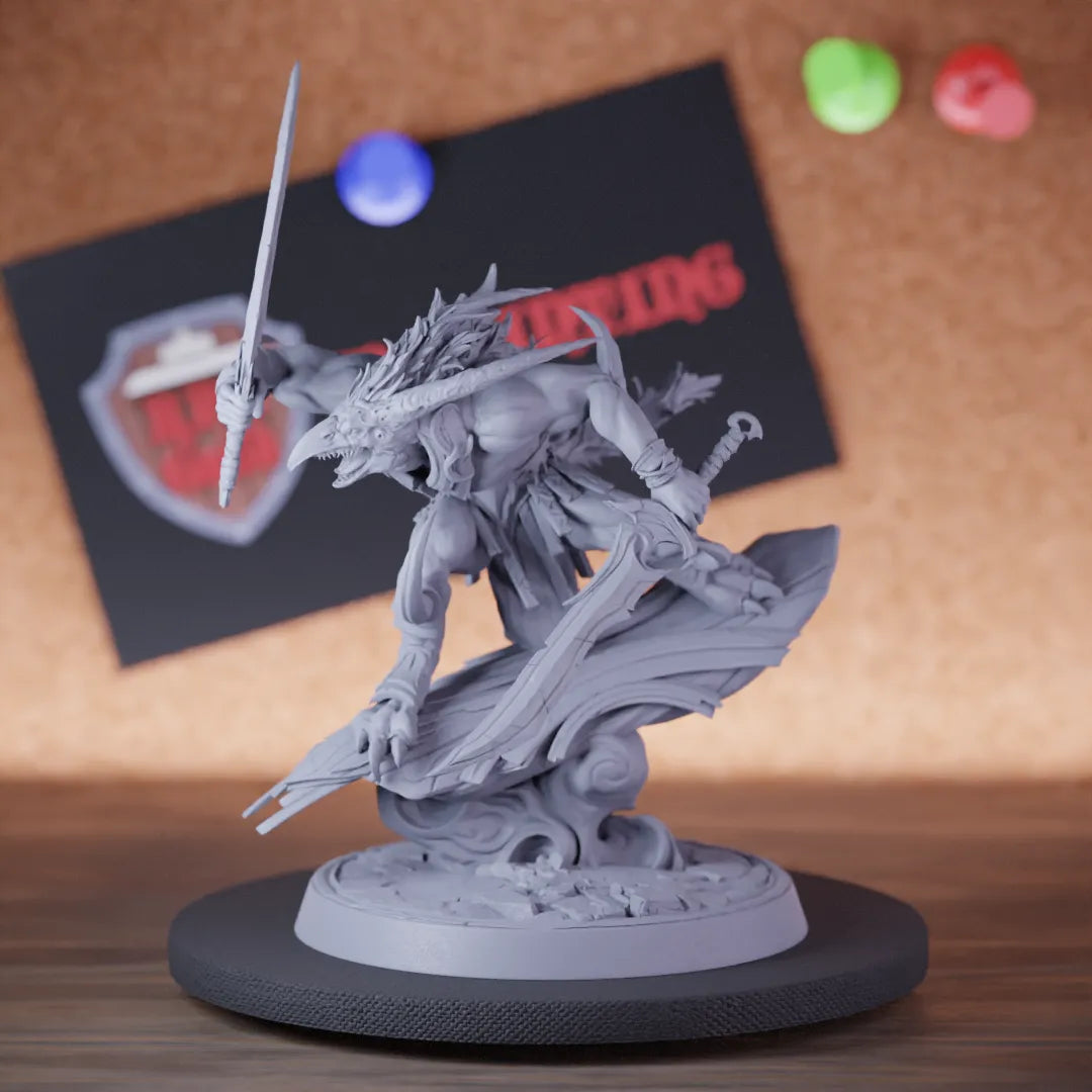 Highly detailed demon infantry double sword miniature of Skorath, perfect for DnD 5e encounters, fantasy tabletop RPG campaigns, painting and display.