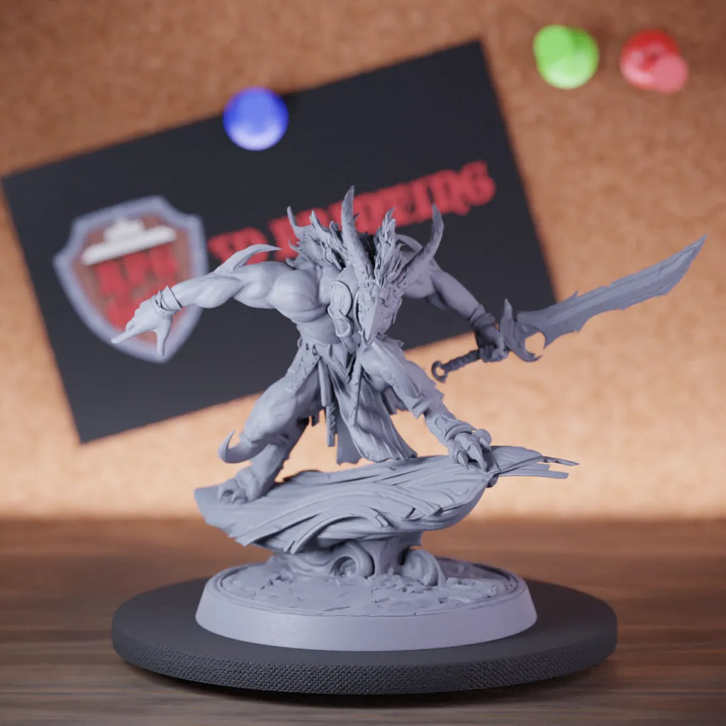 Highly detailed demon infantry sword miniature of Skorath, perfect for DnD 5e encounters, fantasy tabletop RPG campaigns, painting and display.